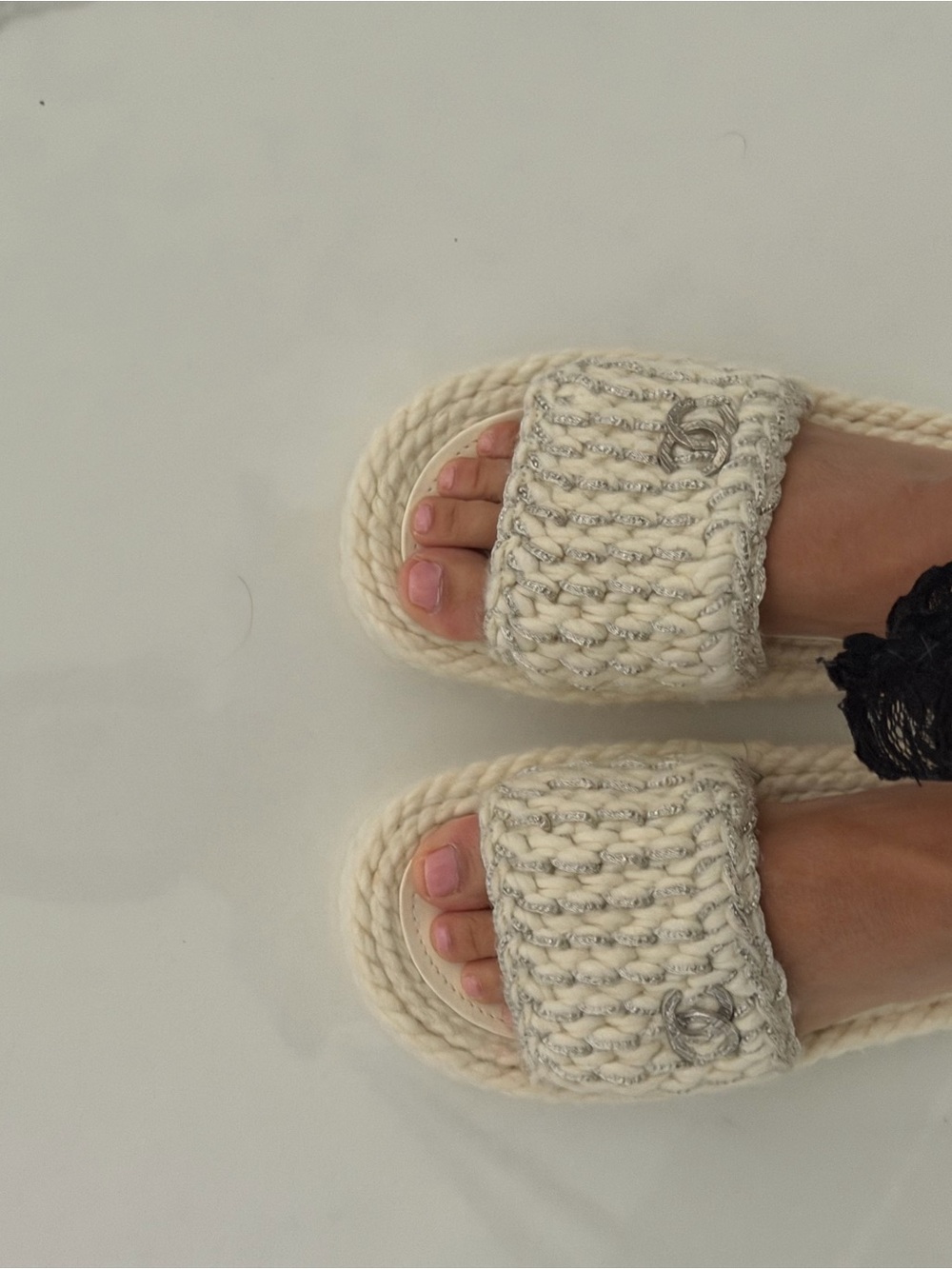 CHANEL Cream Knit Slide Clogs with Silver CC Emblem - Picture 3 of 4